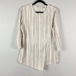 MM Lafleur Asymmetric Blouse Size XL 3/4 Sleeves White Brown Stripe